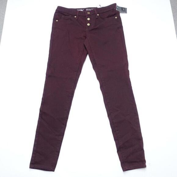 Mossimo Jeans Womens 2 Burgundy Denim Stretch Visible Button Fly Mid-Rise Skinny - Picture 1 of 8